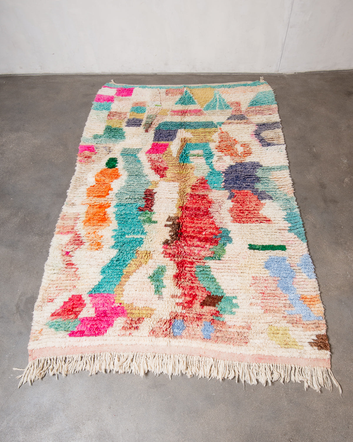 Modern, designer, handcrafted Berber rug from Morocco. Vintage carpet with beautiful colours and patterns and fluffy texture.